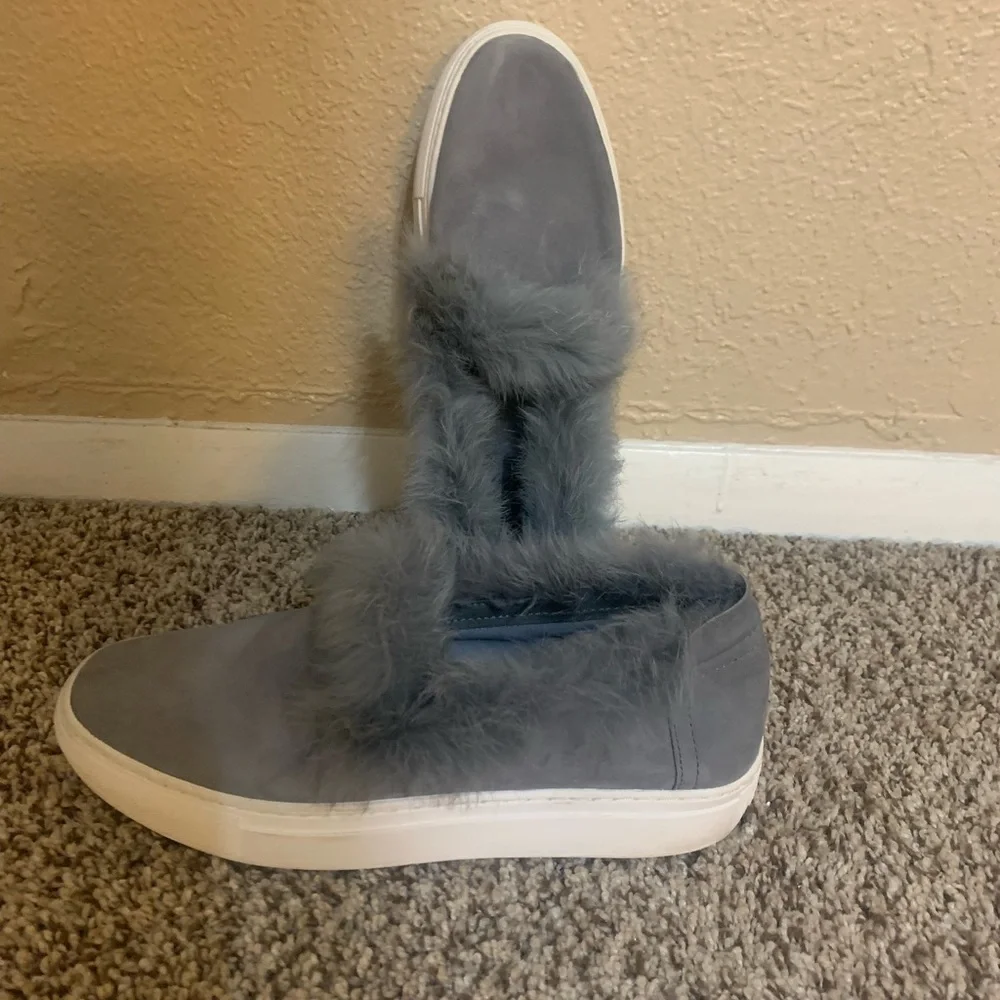 RACHEL ZOE Grey Suede Slip Ons Burke Fur Sz 7.5M Women’s GUC
